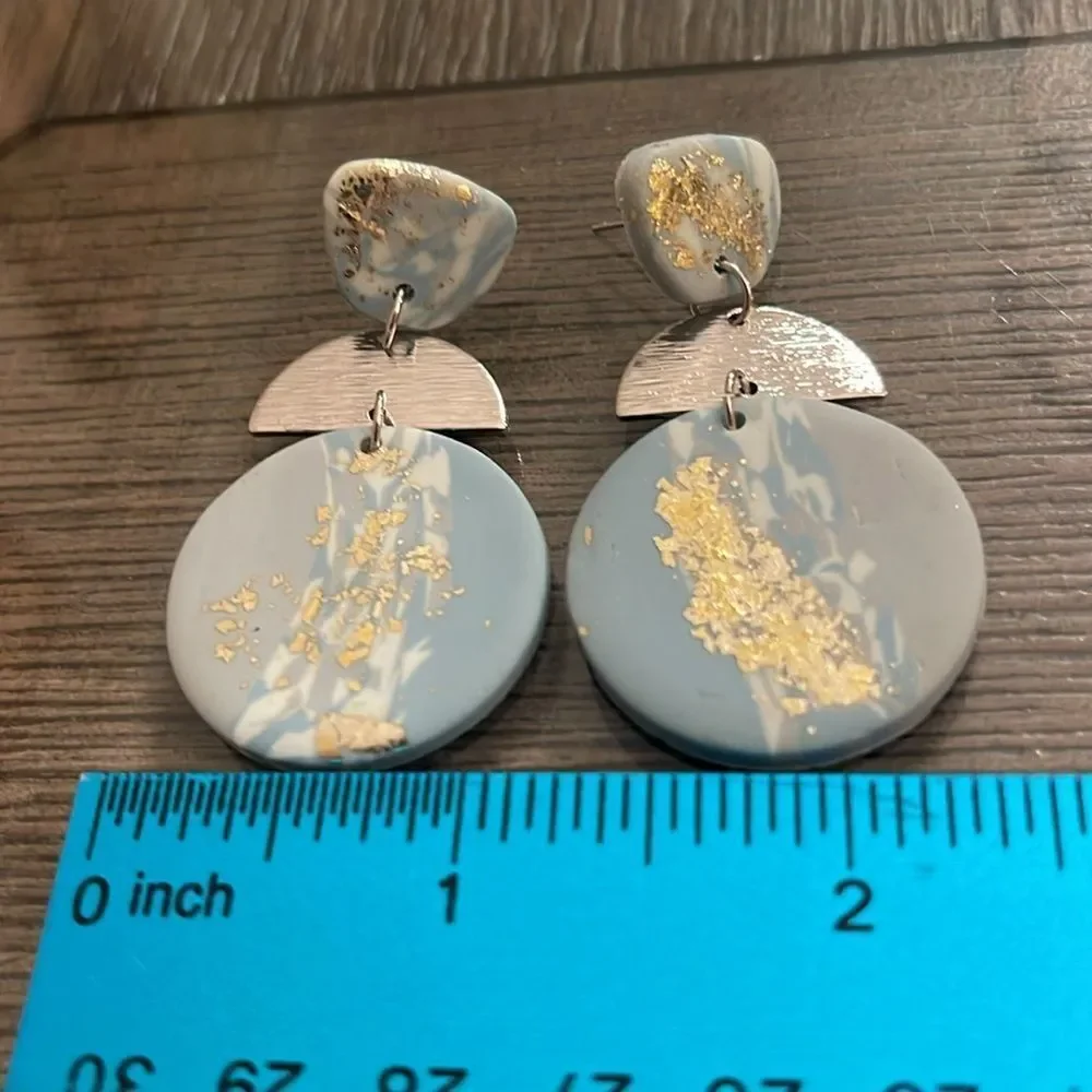 Soft Pottery Material Blue Marbled With Gold Foil Accent Geometric Drop Earrings